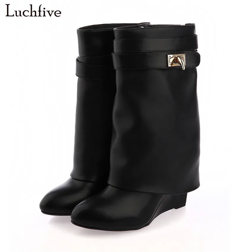 

2017 Shark Lock Folder Mid Calf Women Wedge Boots height increasing High heels Shoes High Quality Martin Layer Boots women