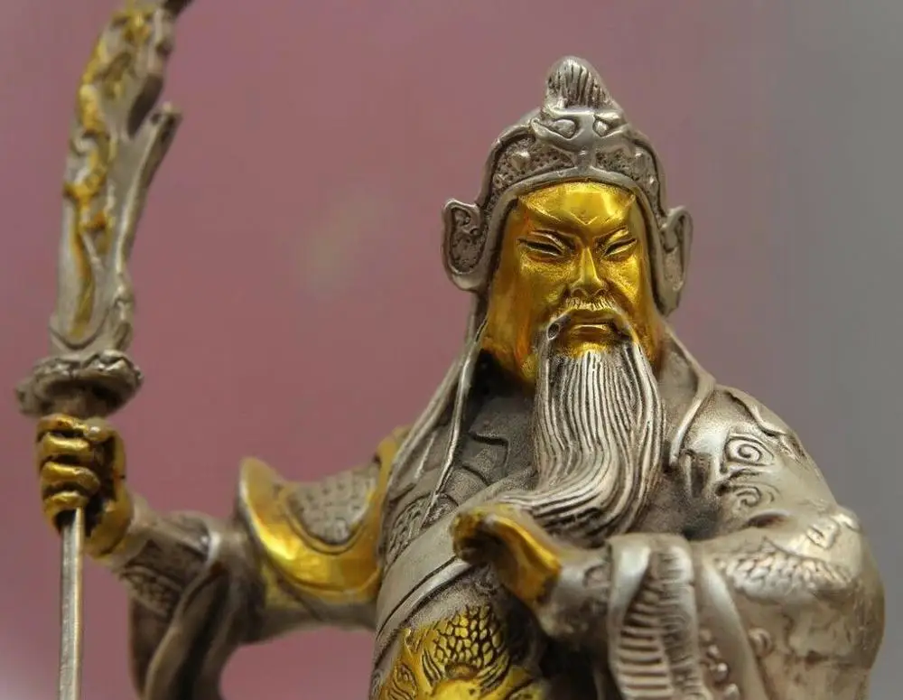 China White Copper Silver Warrior Guan Gong Yu Buddha Hold Dragon Sword Statue