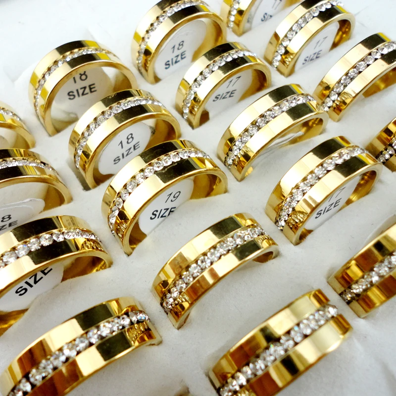 10 шт./лот, женское классическое обручальное кольцо, циркониевое золото 316L, кольца из нержавеющей стали, Женские Ювелирные изделия, много Q067