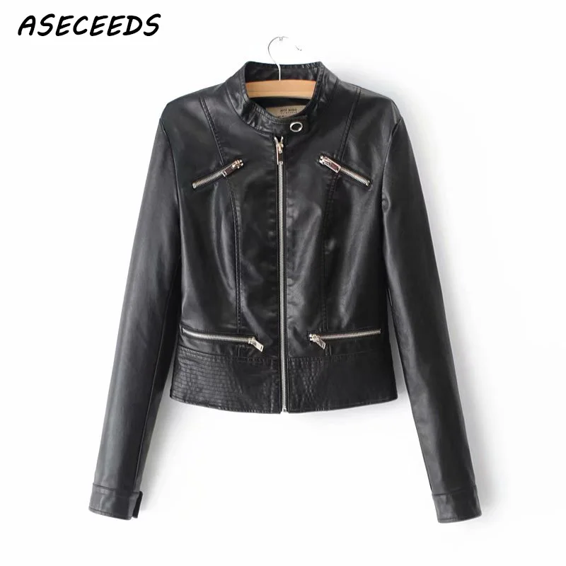 Autumn black faux PU leather women long sleeve short