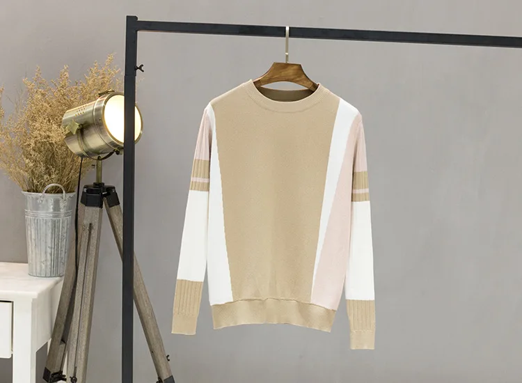 Осенне-зимний женский свитер, контрастный цвет, пуловер, джемпер с длинным рукавом и круглым вырезом, вязаные топы, верхняя одежда, Pull Femme D301