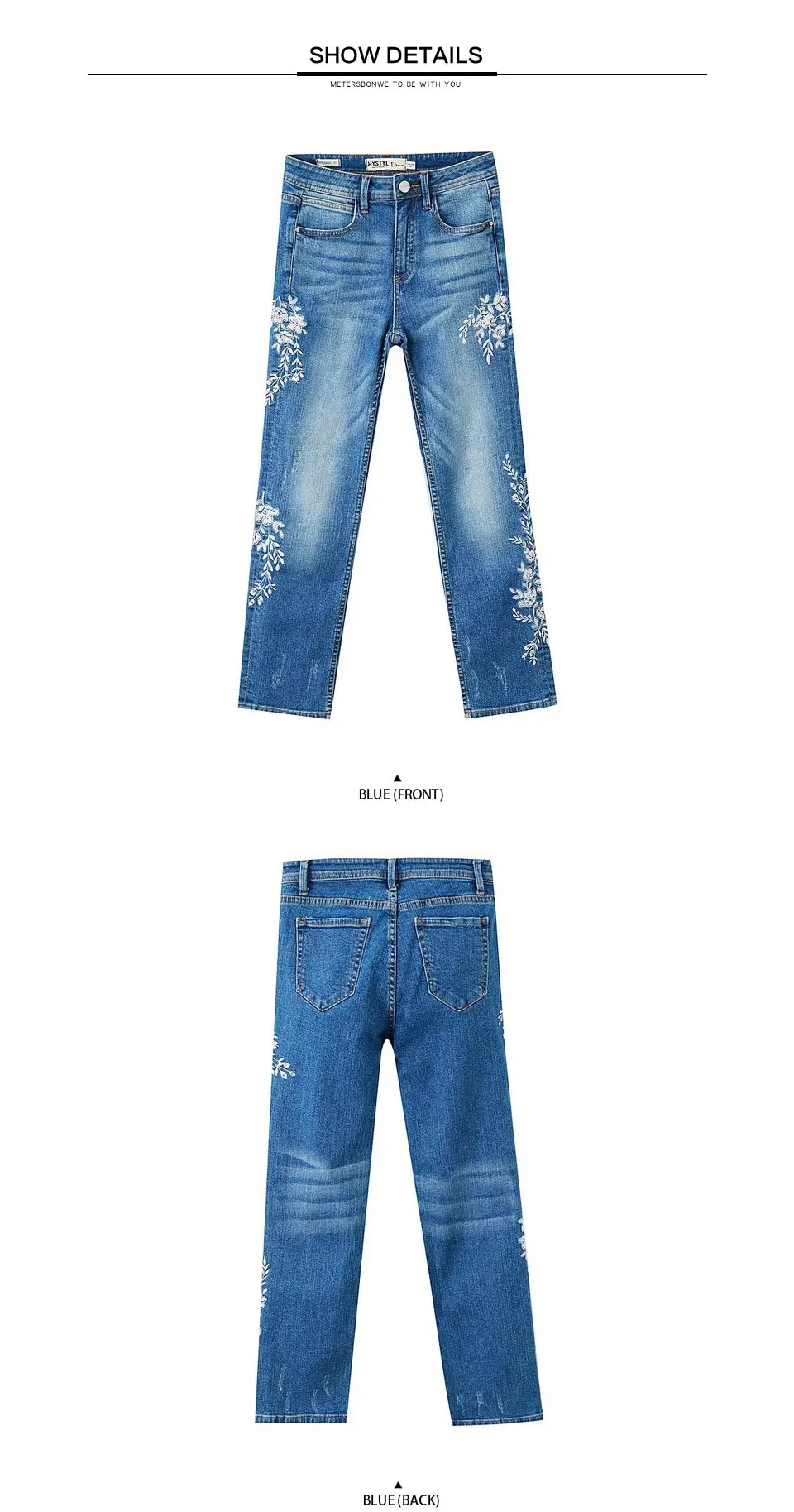 Metersbonwe, джинсы для женщин, джинсы с вышивкой, женские синие джинсовые штаны длиной до середины икры, повседневные джинсы высокого качества с эластичной талией