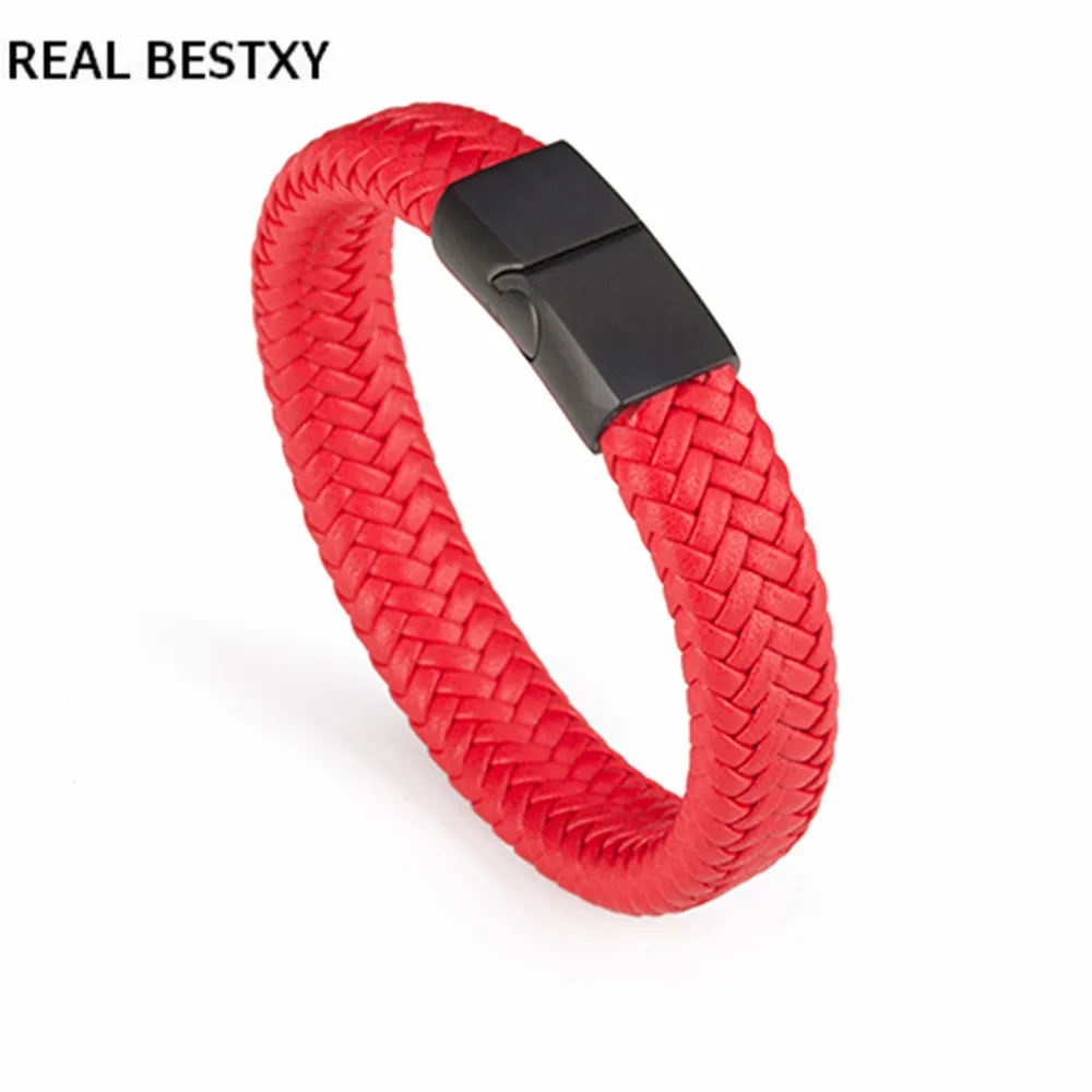 

Real Bestxy custom logo Men's Stainless Steel Leather Bracelet Braided Wrist Mesh Buckle red braided leather bracelet wrist man