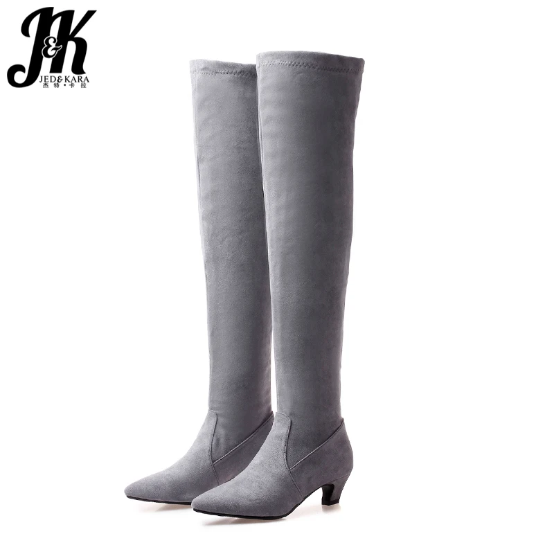 

JK Plus Size 32-46 Med Cat Heels Women Boots Pointed Toe Footwear Stretch Female Boot Over The Knee Shoes Woman 2018 Winter New
