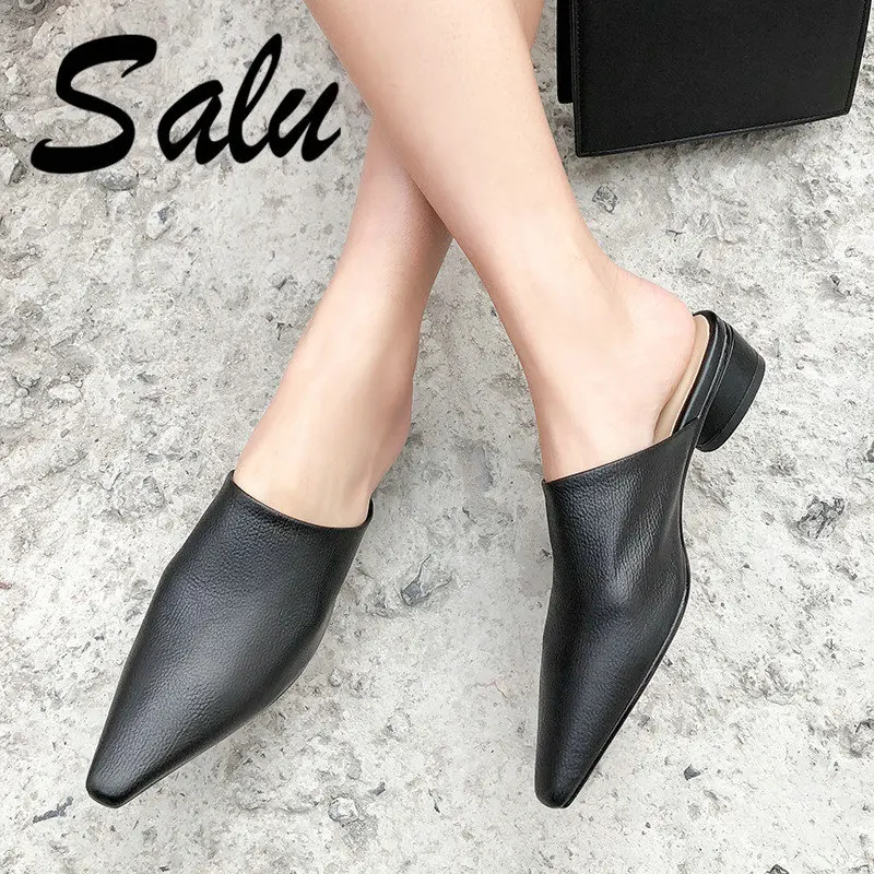 

Salu Brand Women Sandals Genuine Leather Low Heel Summer Elegant Pointed Toe Casual Shoes Women Sandals