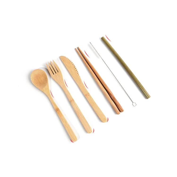 

Wooden Cutlery Set 6-Piece Portable Luxury Dinnerware Japanese Bamboo Cutlery Straw With Cloth Bag Kitchen Food Tableware Dinner