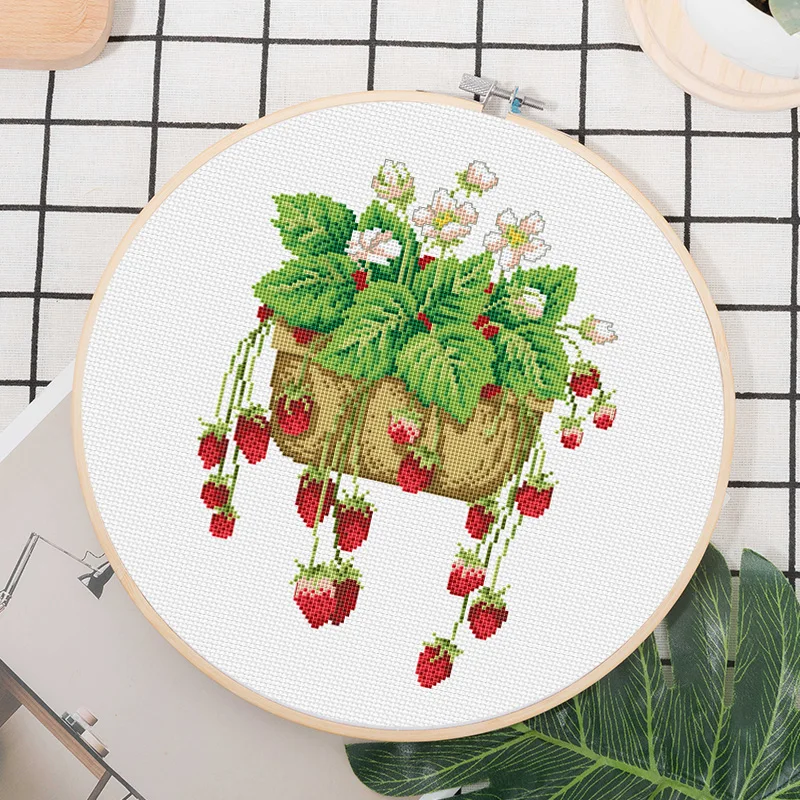 Strawberry potted plant cross stitch kit dmc brand thread animal dog