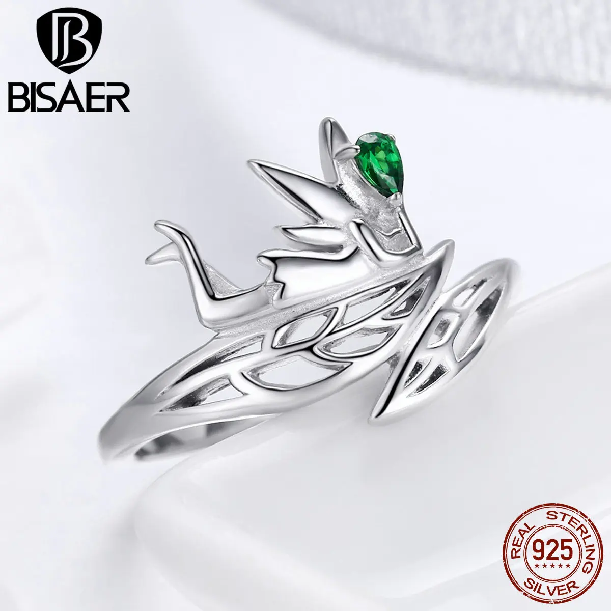 2019 925 Sterling Silver Ring Green CZ Fairy Of Forest Leaves Finger