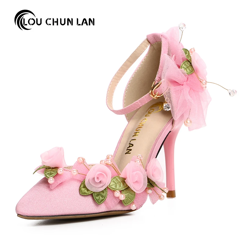 

Pink satin fabric thin heels pointed toe wedding shoes handmade beads flower strap bridal bow high-heeled shoes female sandals