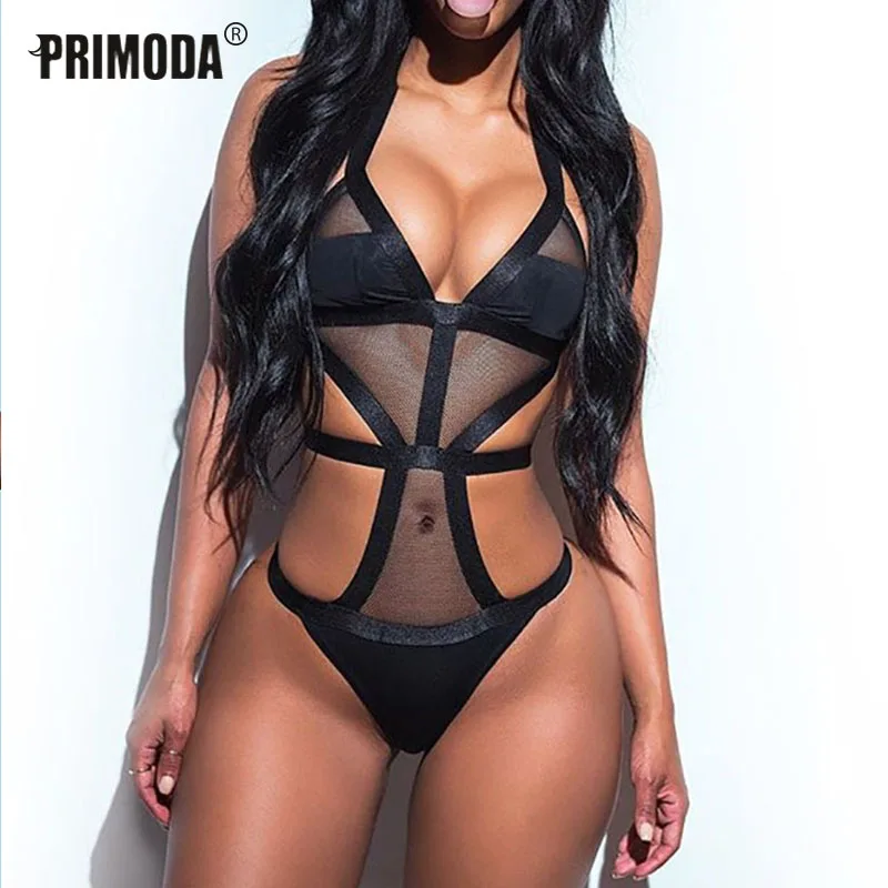 

Perspective Mesh Bodysuit Black White Rompers Women Backless Halter Hollow Out Summer Sexy Club Party Bandage Body Femme PR208M