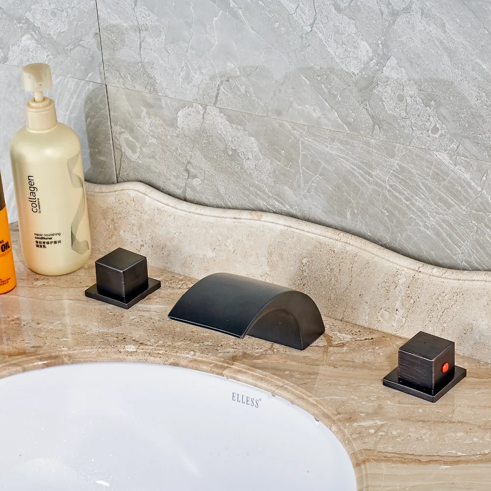 Uythner Modern Yağlı Ovuşturdu Bronz Şelale Emzik Çift Kare Kolları Banyo Musluk Mikser Dokunun