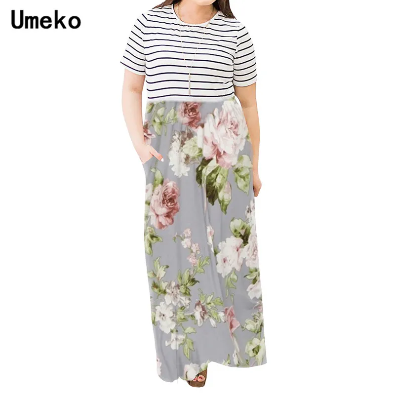 

Umeko Summer Dress Plus Size Dress Women O Neck Short Sleeve Casual Striped Floral Printed Maxi Dress Long Vestido robe femme