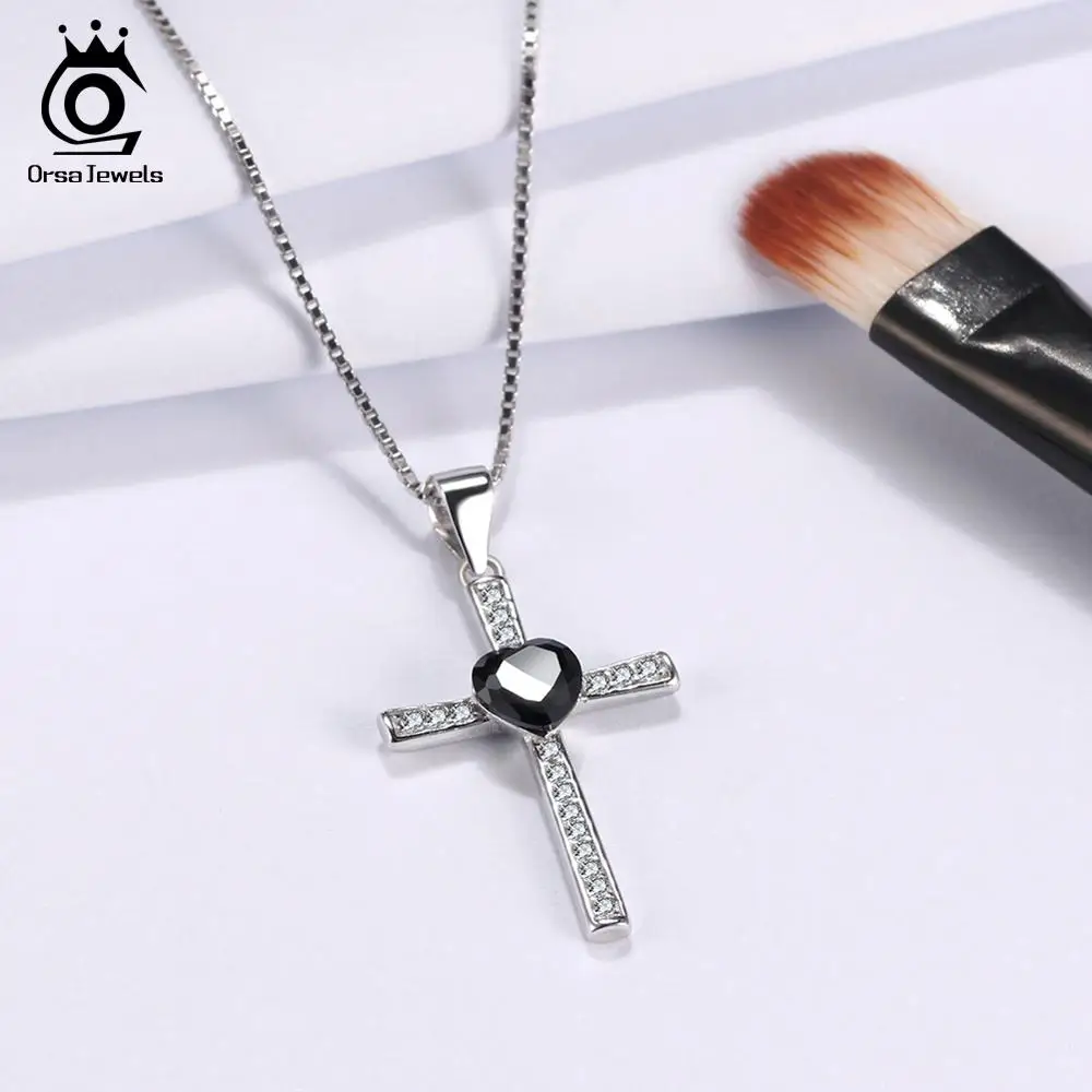 

ORSA JEWELS Authentic 925 Sterling Silver Love Heart With Cross Pendant For Women Necklaces AAA CZ Fashion Female Jewelry ASN88
