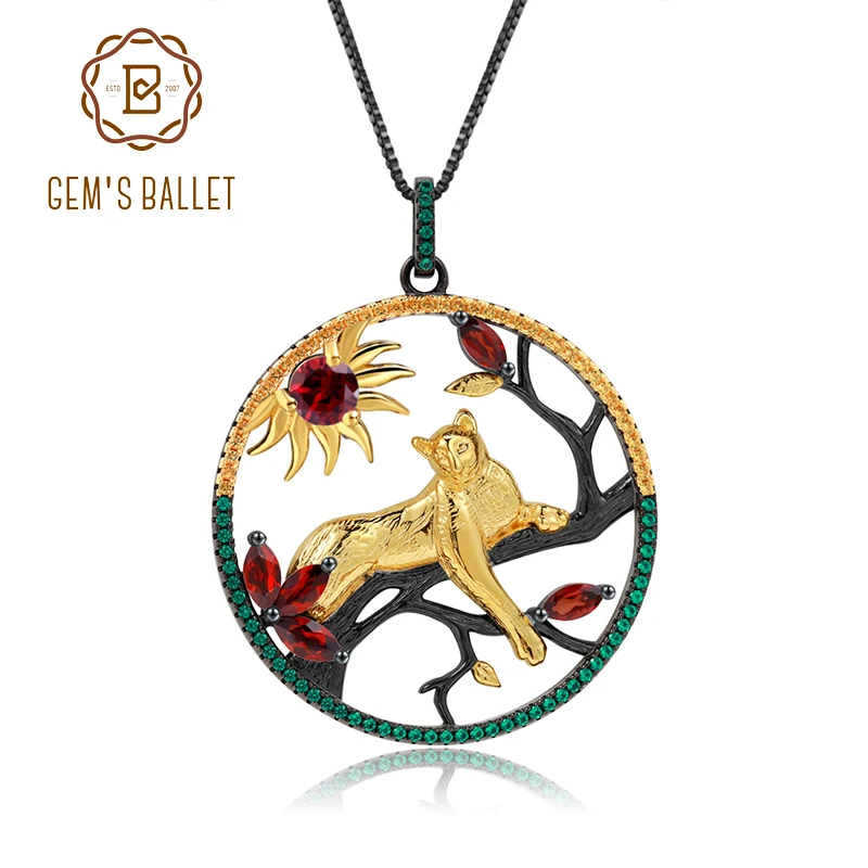 

GEM'S BALLET 1.64Ct Natural Red Garnet Leopard on the Tree Pendant Necklace 925 Sterling Silver Gemstone Fine Jewelry For Women