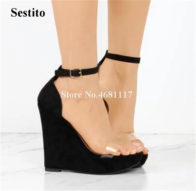 

Sestito New Fashion Women Open Toe One Strap High Platform Wedge Sandals Ankle Strap Height Increased Super High Wedge Sandals