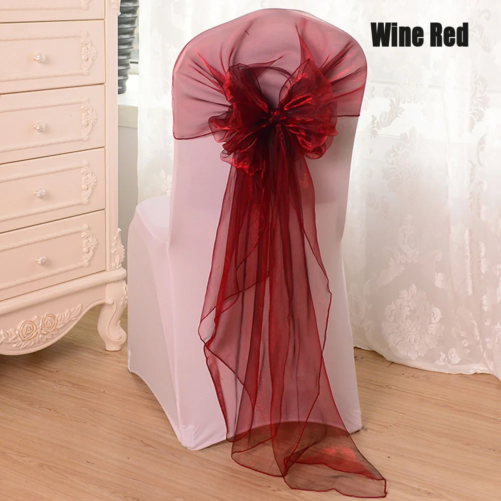

Hot 25pcs/lot 65*275cm Red/Pink/Orange/Purple 16 Colors Organza Fabric Chair Bow Tie Sash For Hotel Banquet Wedding Party Decor