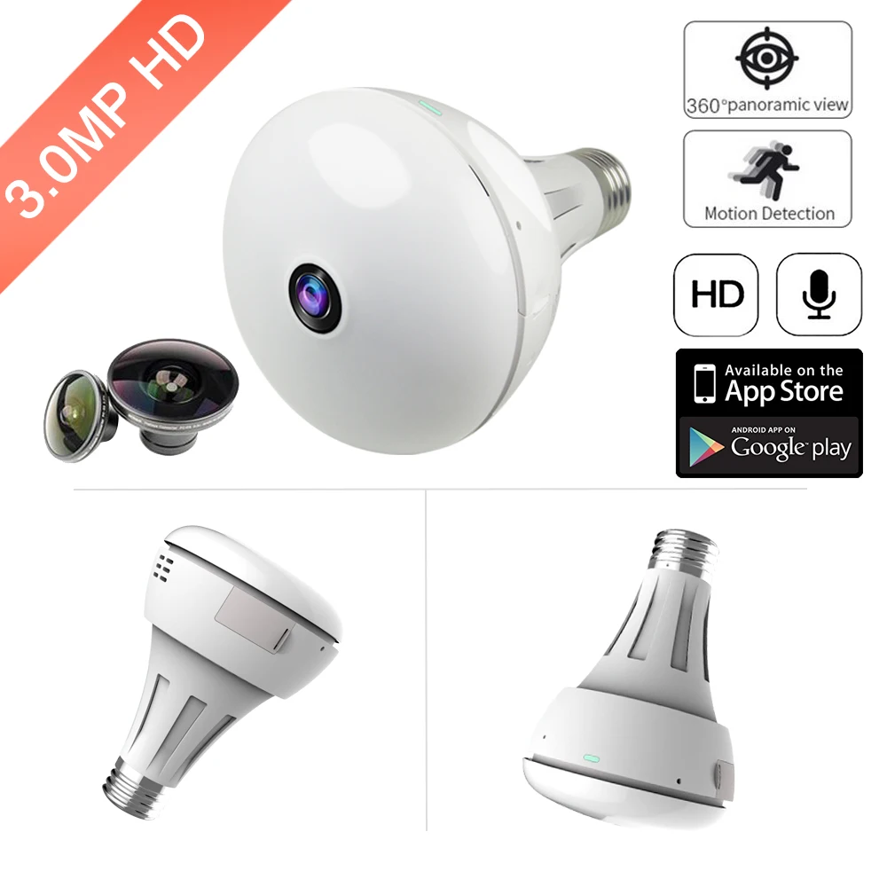 

3MP Wireless Panoramic IP 3D VR Camera WIFI Bulb Light FishEye 180 / 360 Degree CCTV Home Security Mini Cam Wi-Fi TF Card Slot I