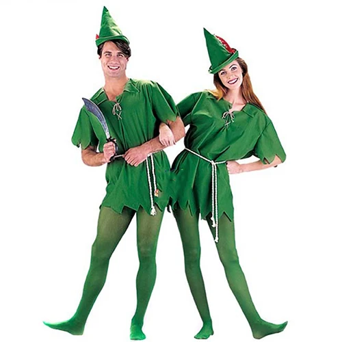 VASHEJIANG Детский Взрослый Костюм Питера Пэна костюм на Хэллоуин для мужчин и женщин зеленый эльф родитель-ребенок рождественские костюмы с чулками - Цвет: Adult