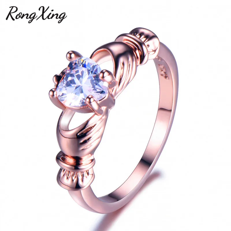RongXing роскошное сердце Кладдахское кольцо однотонный цвет розовое золото апреля Камень AAA Белый Циркон Свадебные модные ювелирные украшения в подарок любимой RR0024