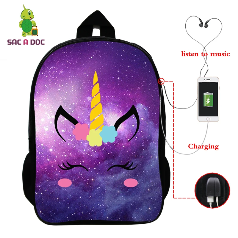 Рюкзак с единорогом Mochila Unicornio, рюкзак для ноутбука, рюкзак для подростков, женщин, мужчин, повседневный рюкзак с изображением Галактики, школьные сумки для путешествий, USB зарядка - Цвет: 10