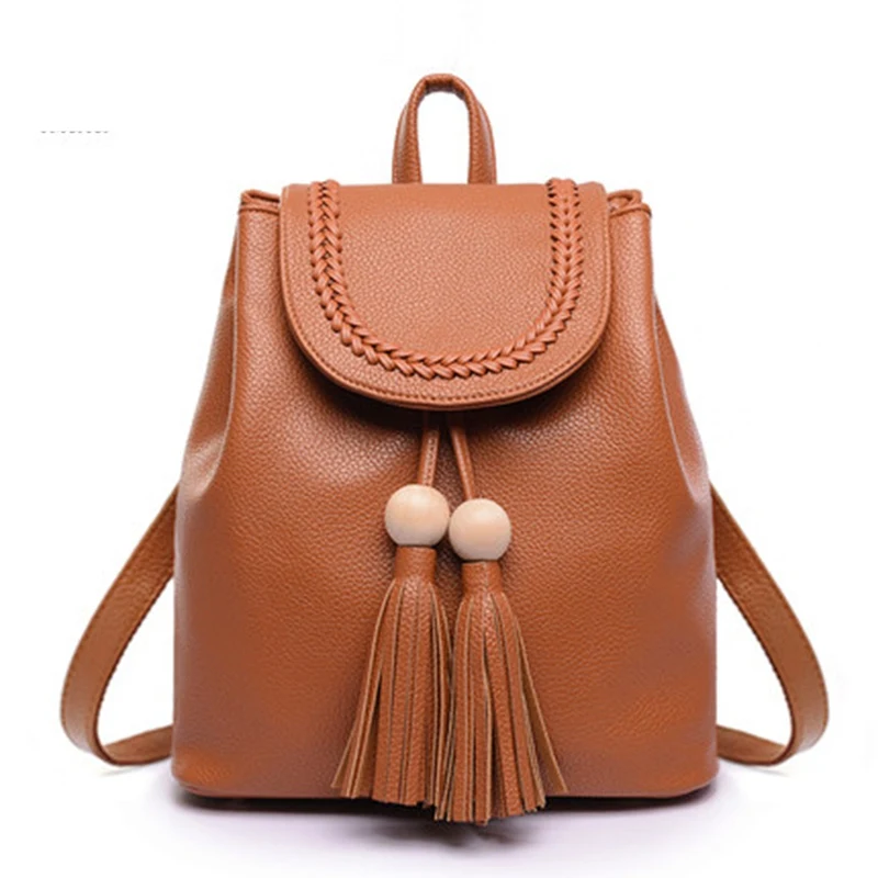 Korean Backpack Leather Shoulder Bag Small Tassel Bag Backpack School Bag for Teenagers Girls Travel Top