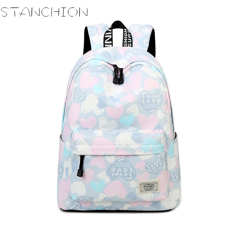 STANCHION Polyester Backpack for Women Waterproof Sweet Heart Fresh Large Capacity Teenager Travel School Backpack