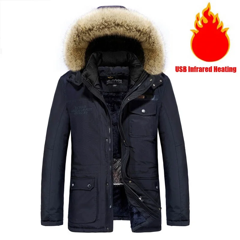 

New Winter Jacket Men Parkas Coat Thick Warm Fleece Hooded Jacket USB Infrared Heating Electric Thermal Jacket Men Clothing