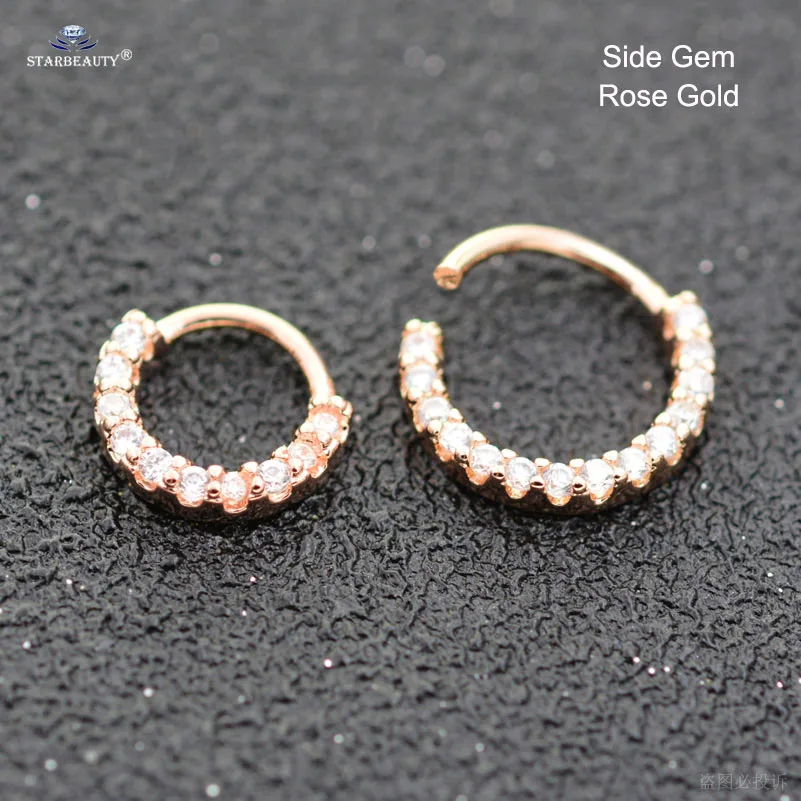 Starbeauty 1pc Clear Gem Nose Ring Tragus Piercing Helix Hoop Septum Rings Nose Piercing Clicker Fake Piercing Oreja Ear Jewelry - Окраска металла: Side Gem Rose Gold