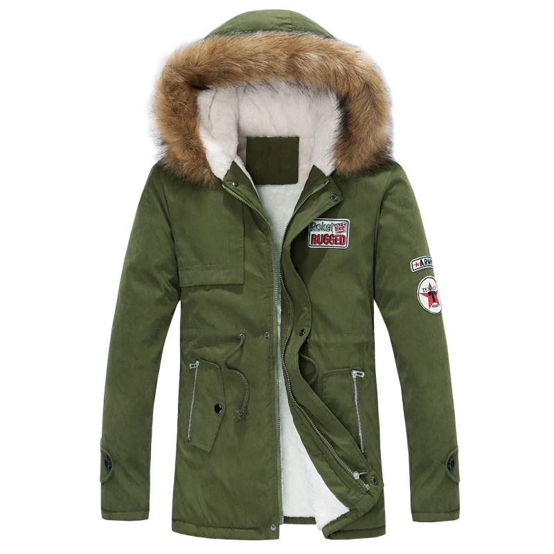 Новинка 2017 мужская зимняя куртка толстый теплый меховой воротник пальто Мужская Армия Зеленый хлопчатобумажное пальто больших размеров