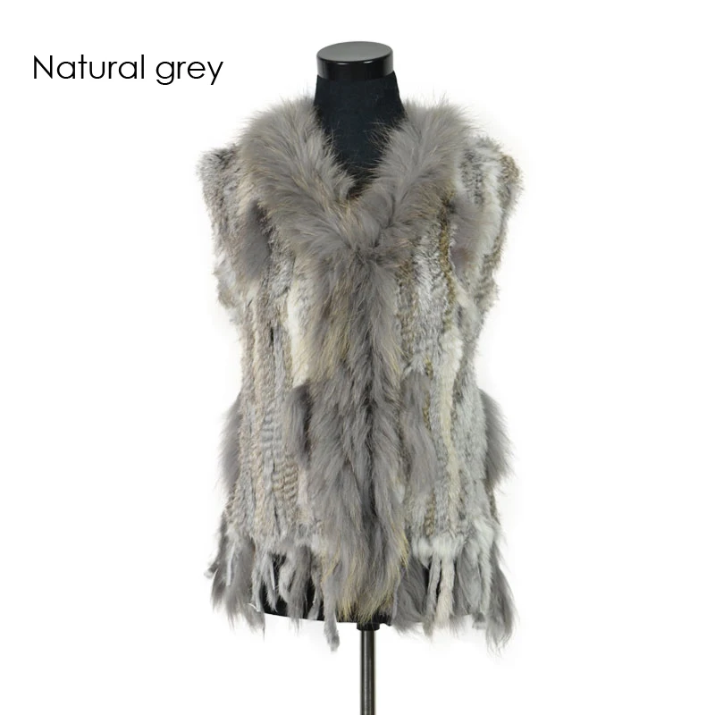 VR001-17,, женский жилет из натурального кроличьего меха с воротником из меха енота, жилет/куртки из кроличьего меха - Цвет: Natural grey