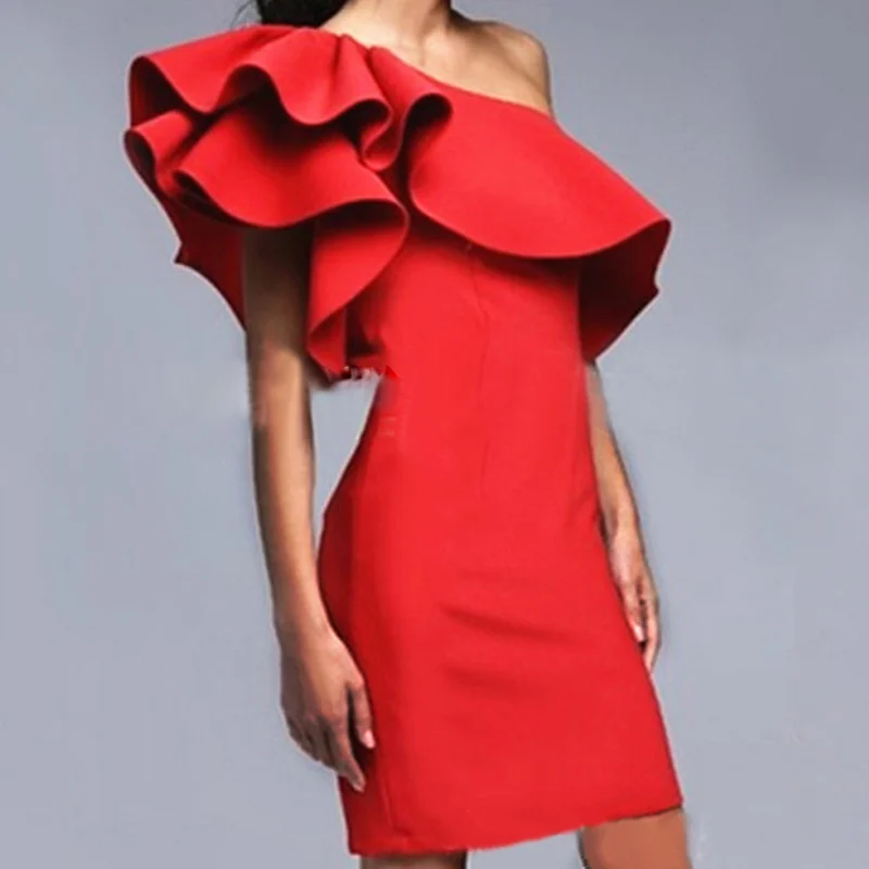 

Fashion Sexy Women Slash Shoulder Flouncing Bodycon Dress Slim Solid Fashion Casual Party Club Dresses HSJ88