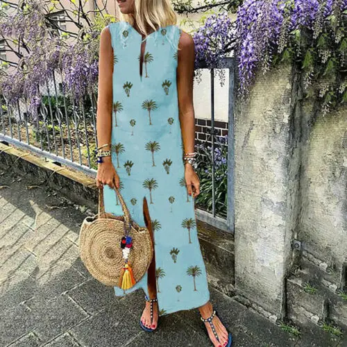 

Women Boho Sleeveless Summer Cotton Casual Loose Long T-Shirt Dress Plus Size
