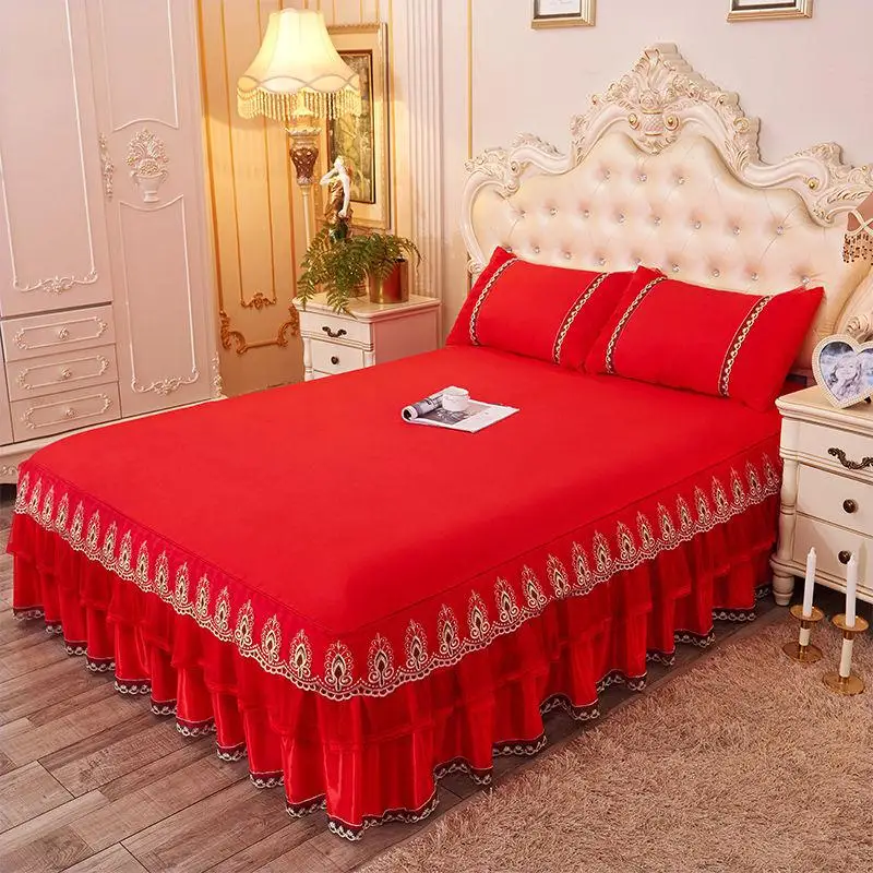 

Korean Princess Lace Bed Skirts 100% Cotton Ruffles bedding Twin Queen King size 1/3pcs elegant Bedspreads Bed Cover Pillowcases