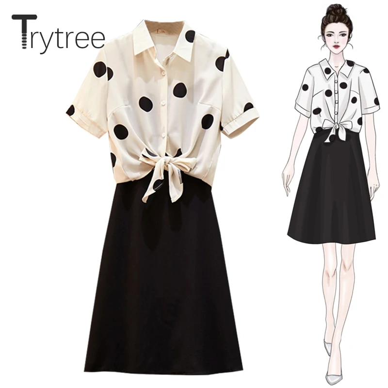 

Trytree Summer Autumn Women two piece set Casual Pleat Bow Hem Polka Dot Blouse + Sling Dresses Office Lady Suit Set 2 Piece Set