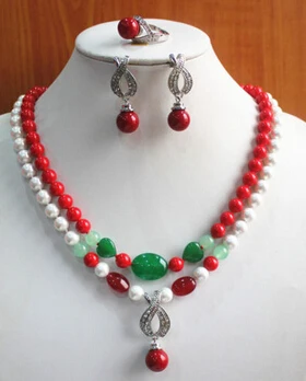 

ddh001298 Charming&Fashion 8mm 2 Rows Shell Pearl/Jade Necklace Earring Ring Jewelry Set