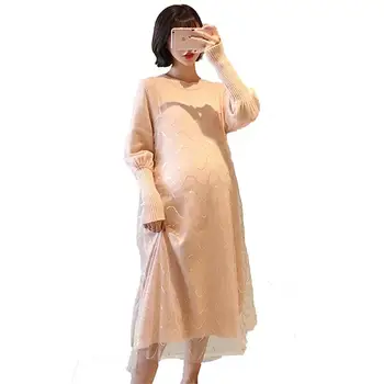 

2019 Maternity Elegant Comfortable Nursing Sweater Dress Mesh Patchwork Loose Pregnant Women Pregnancy Knit Vestido Clothes Q277