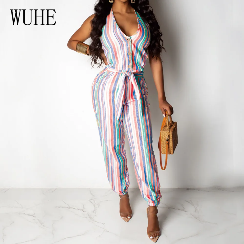 WUHE New Style Women Casual Striped Print Jumpsuits Sexy Hollow Out Elegant Lace-up Bodysuits Summer Leisure Go Out Playsuits WUHE New Style Women Casual Striped Print Jumpsuits Sexy Hollow Out Elegant Lace-up Bodysuits Summer Leisure Go Out Playsuits