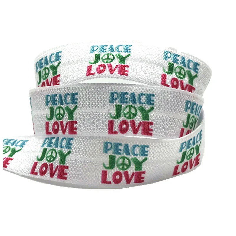 

10yard 5/8" Peace Joy Love Print Fold Over Elastic FOE Ribbon for DIY Headwear Party Gift Webbing Accessories