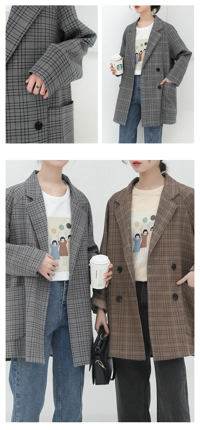 Новинка 2019 года демисезонный корейский Ретро повседневное плед Пиджаки для женщин Британский куртки-блейзеры верхняя одежда женская