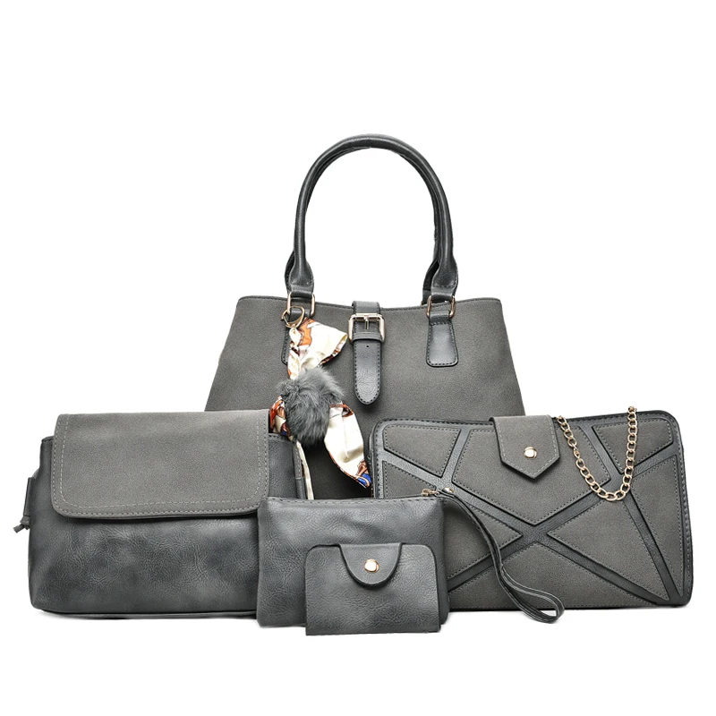 

5pcs/Set Leather Handbags Composite Bags Women Handbag Scrub Litchi Pattern Women Purses Messenger Shoulder Bags Clutch Wallet