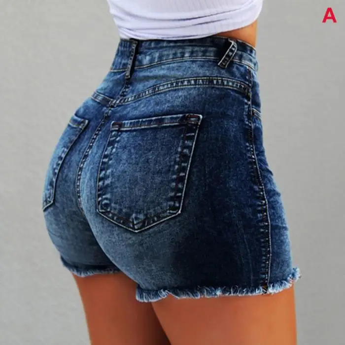 Women Short Jeans High Waist Tassel Hem Holes Hot Shorts for Summer KNG88