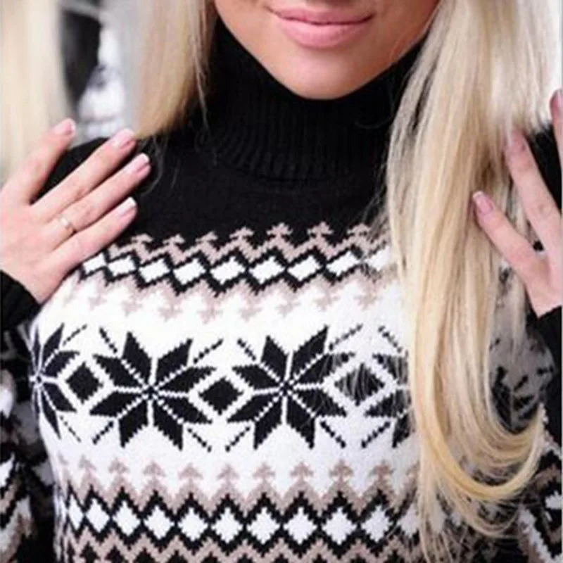 WENYUJH 2019 Autumn Winter Sweater Women Long Sleeve Sweater Dress Female Long Patchwork Snowflake Knitwear Turtleneck Pullover