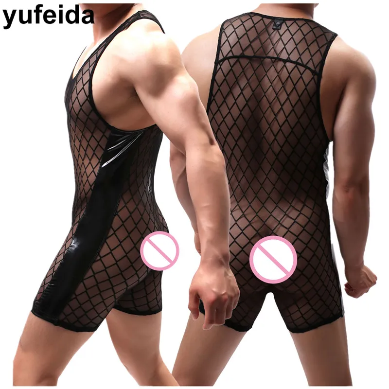 

Mens Undershirts Sleeveless Sexy Mesh Bodysuit See Through Jumpsuit Wrestling Suit Sexy Underwear Leotard Singlet Dance Clubwear