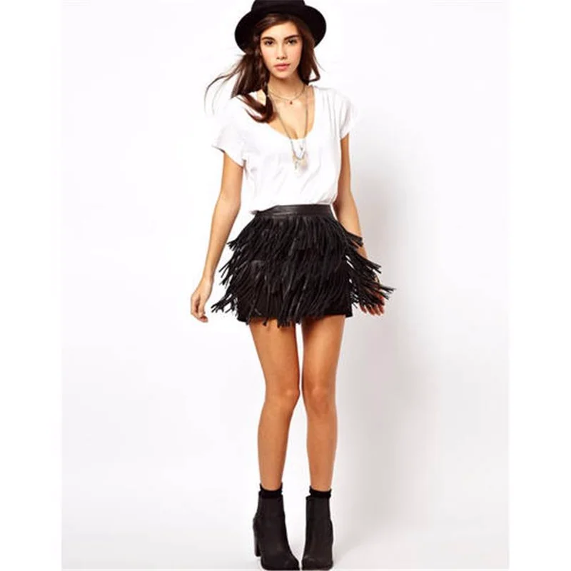 

2018 Women Mini Skirt Stretch High Waist Plain Skater Flared Pleated Tassel Crop Dancer Clothing Sexy Black