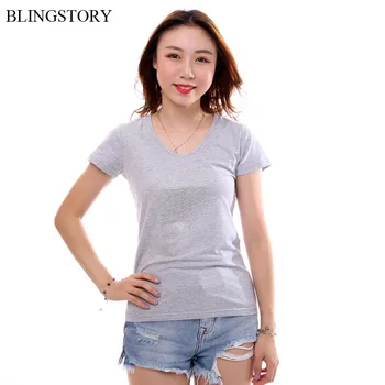 

BLINGSTORY Summer V-neck Short Sleeve Female Basic Casual T Shirt Diamond Plus Size Women Tops S-6XL