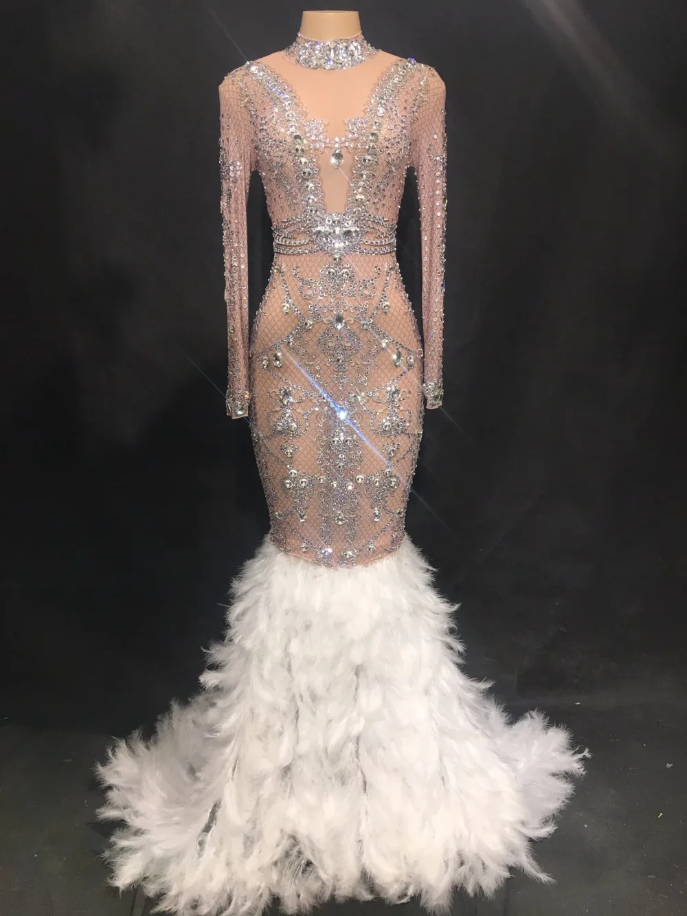 Женское блестящее прозрачное Сетчатое платье с перьями блестками и стразами для