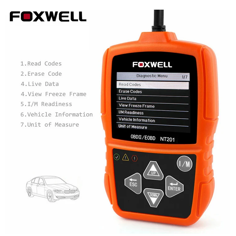 Foxwell NT201 EOBD OBD2 Автомобильный сканер, автомобильный светильник, считыватель кодов неисправностей I/M, устройство для диагностики