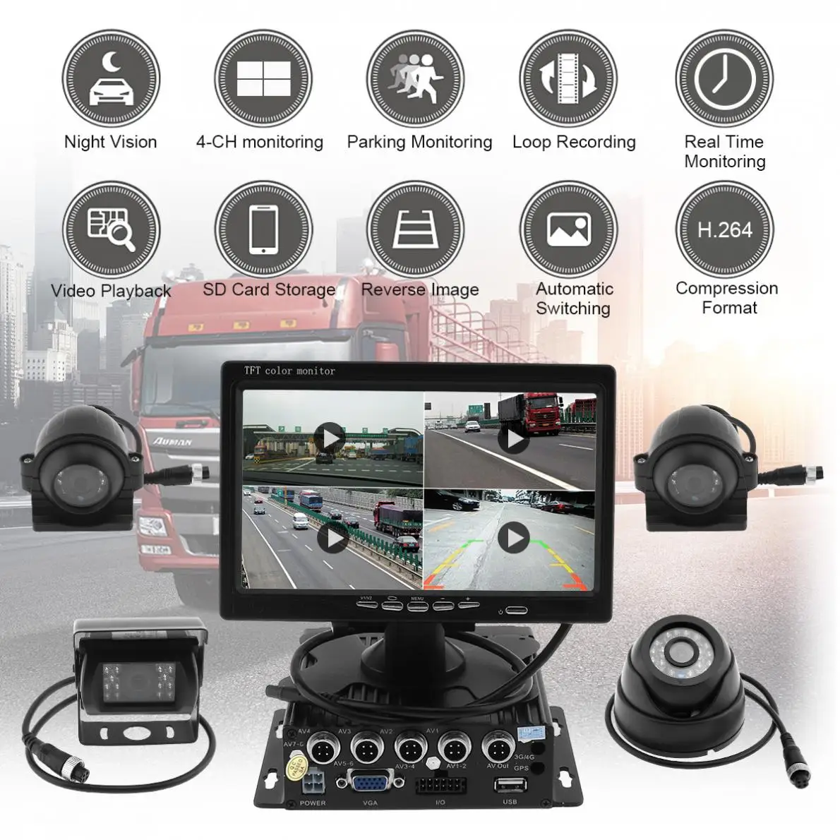 

7 inch 8-36V 4CH 720P HD TFT LCD Quad Car Rear View Monitor with 4X CCD Waterproof IR Metal Cover Camera System for Truck RV