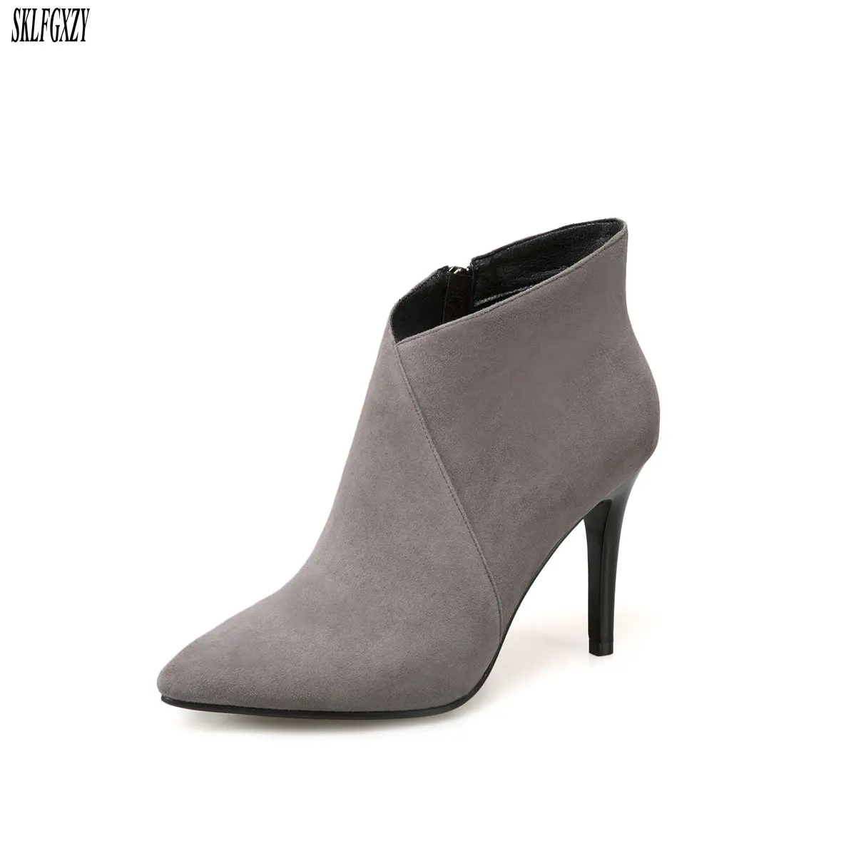 

2018 New autumn leather zipper boots 100% sheepskin high-heeled ankle boots European fashion women's shoes size 34-43