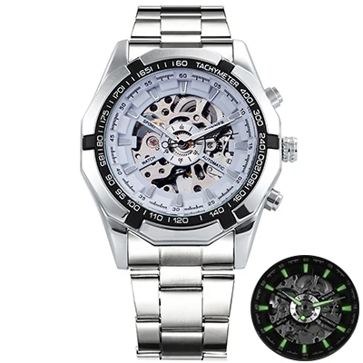 Серебристые водонепроницаемые мужские часы со скелетом из нержавеющей стали, роскошные брендовые прозрачные Механические Мужские наручные часы Forsining - Цвет: WHITE